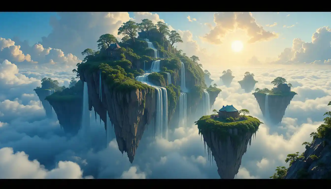 Massive floating islands with waterfalls in bright fantasy sky