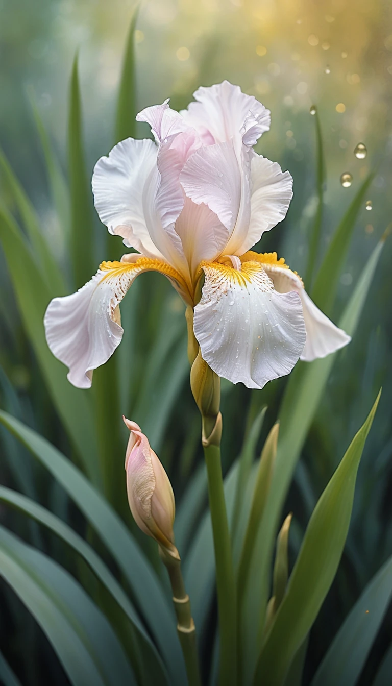 White iris with gold accents in soft watercolor morning light