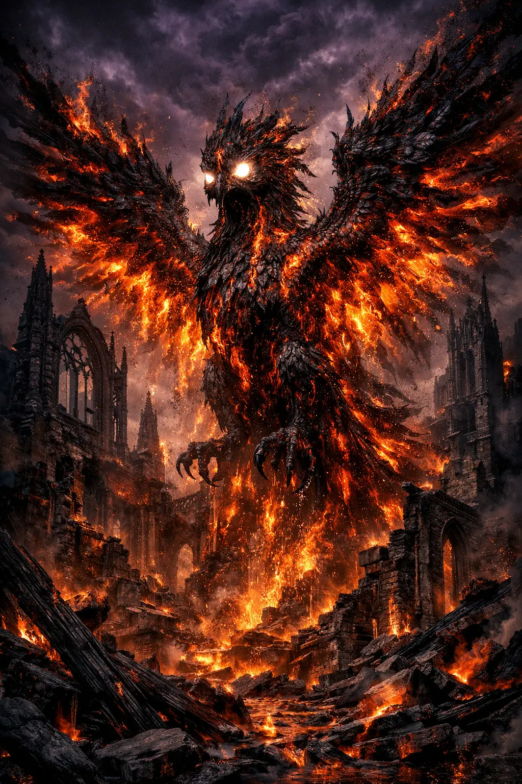 Uralter Magma-Phönix erhebt sich über verfallener gotischer Kathedrale