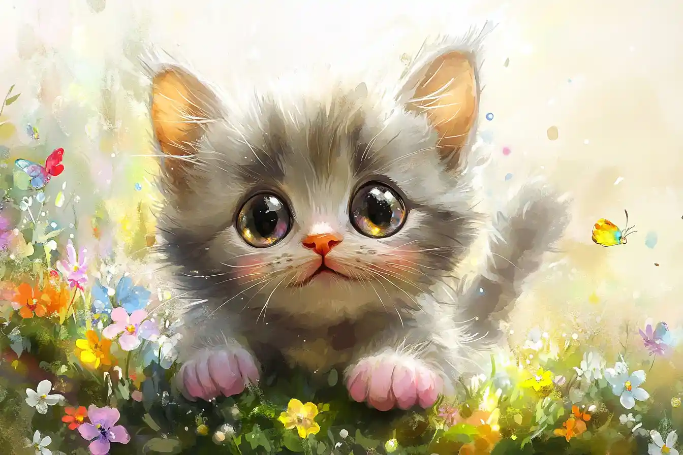 Morbido gattino in un prato di fiori selvatici – arte ad acquerello