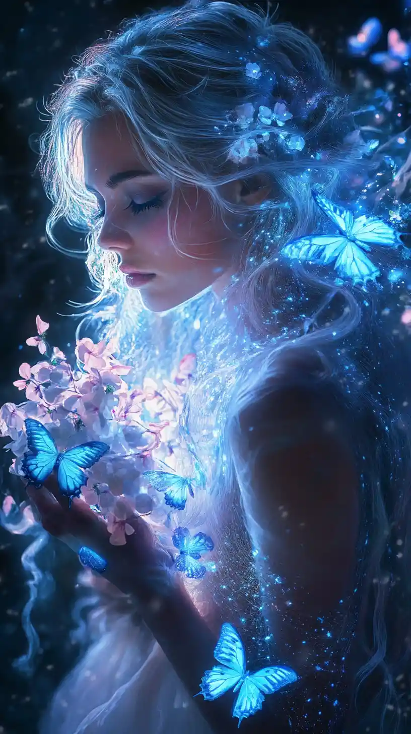 Ethereal silver haired woman with glowing butterfly flowers