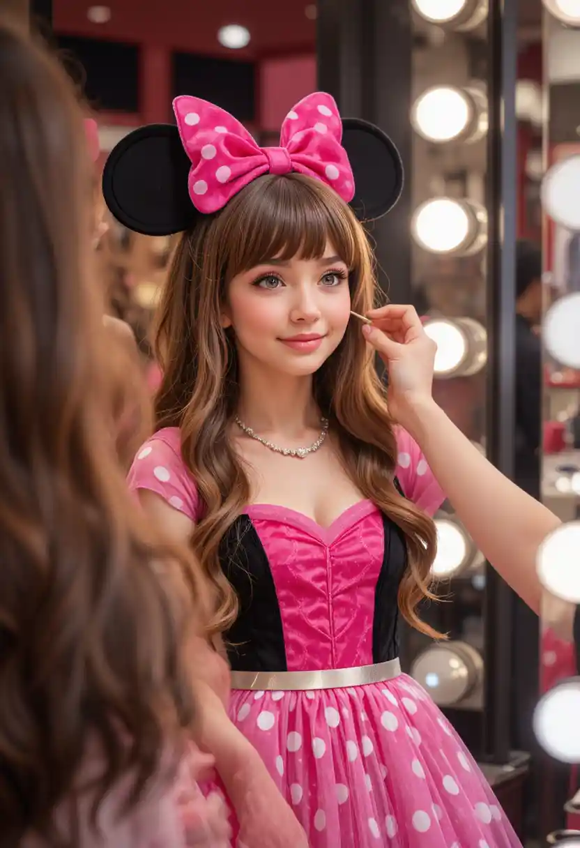 Ragazzo in vestito di Minnie che si trucca nel retro di una boutique