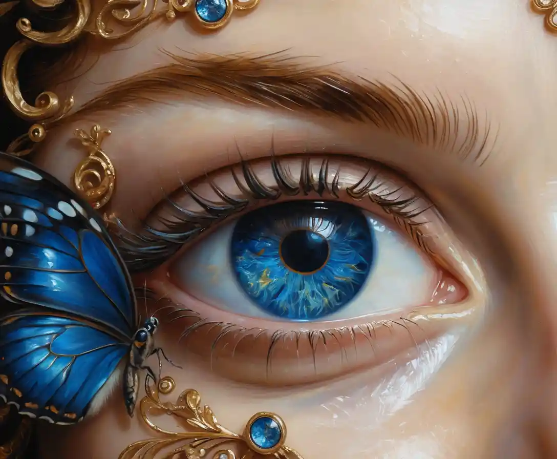 Close up oil painting of nebula reflected sapphire eyes