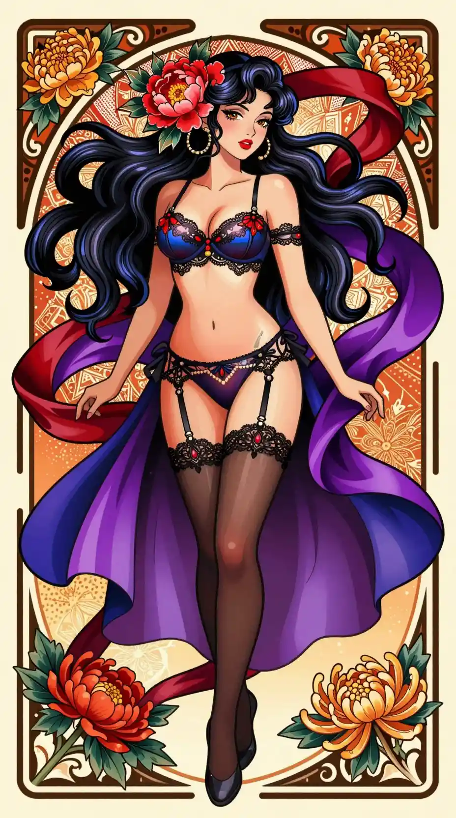Mujer pin-up de anime neo-tradicional con tatuaje floral