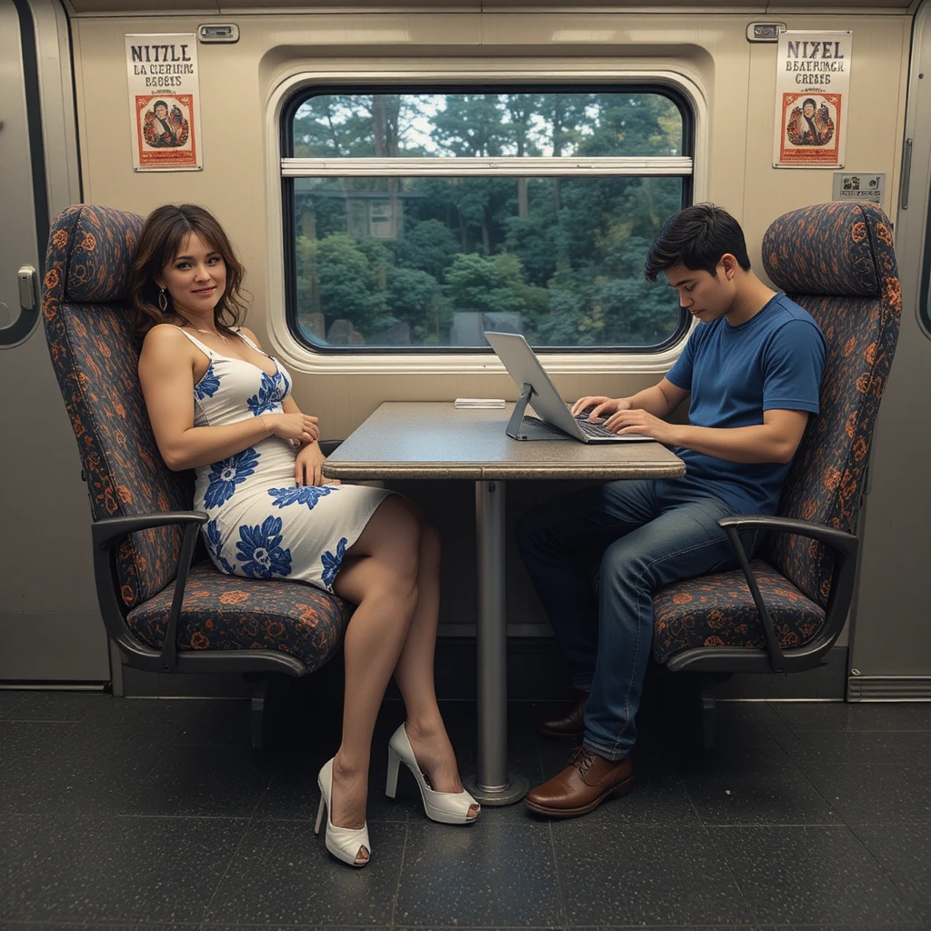 Mujer descansando en el asiento del tren con las piernas estiradas