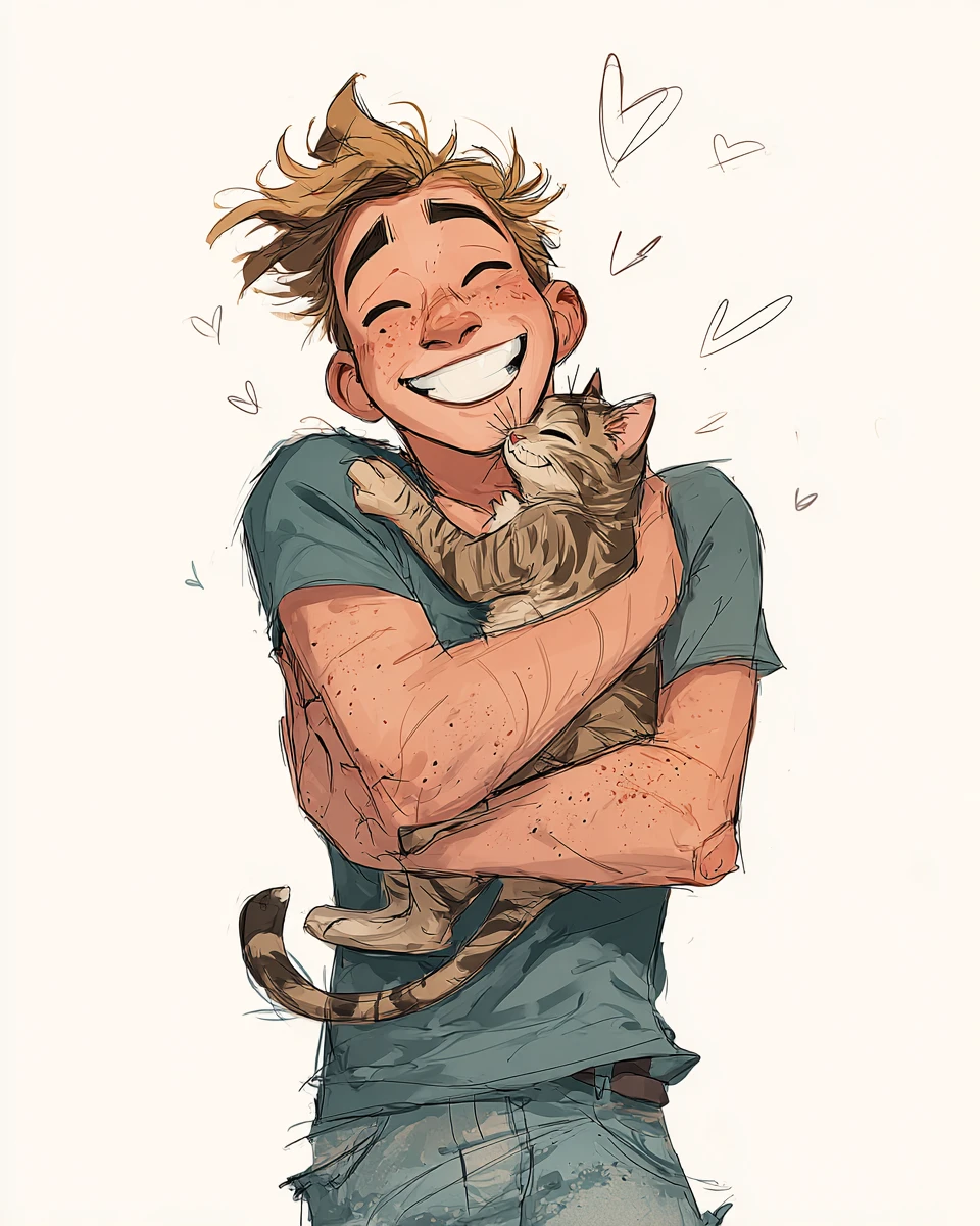 Jovem alegre abraçando um gato malhado carinhoso