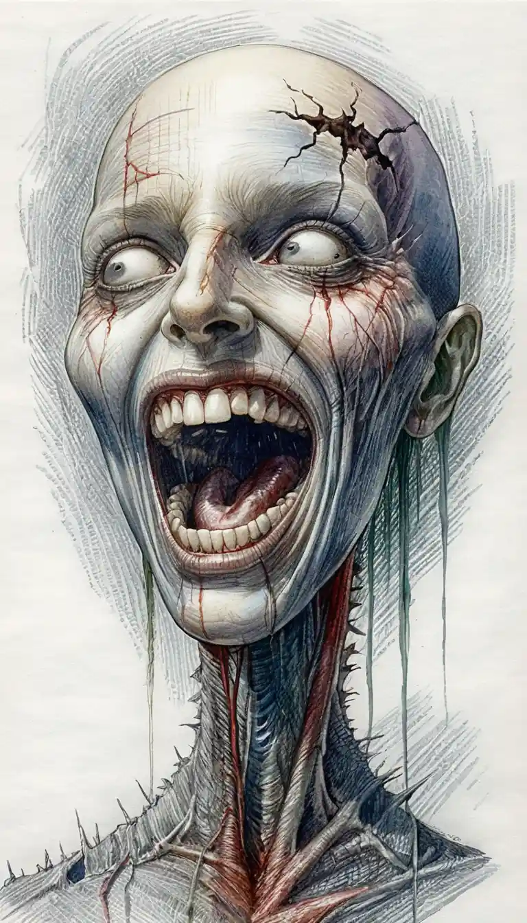 Tormented flayed head screaming in ink drawing style