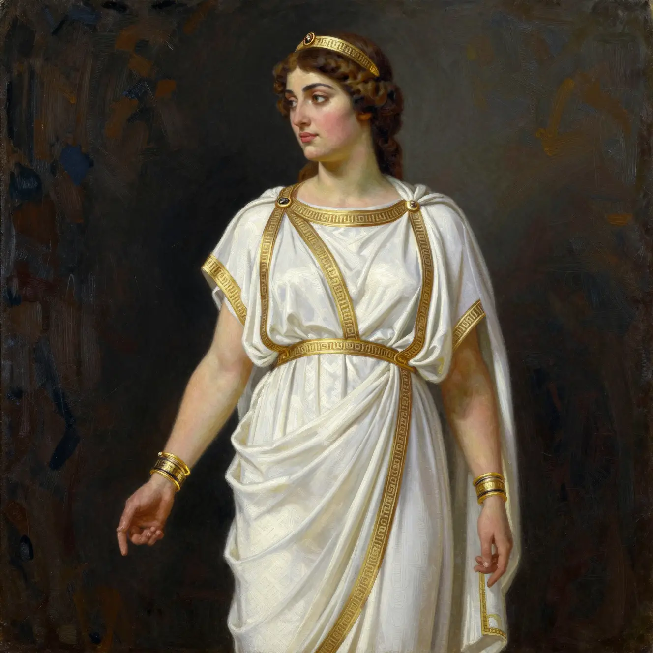 Elegant woman in classical ancient Greek embroidered attire