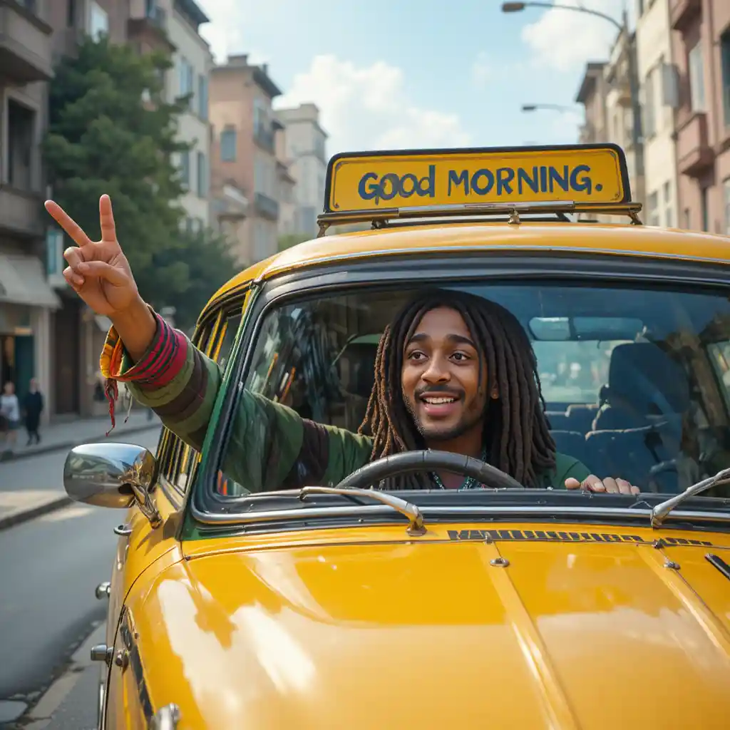 Colorful taxi with playful characters on a winding city street