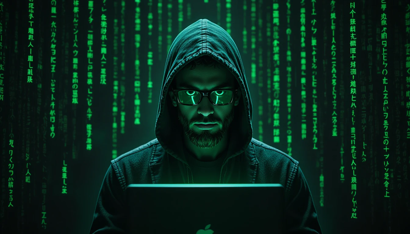 Hacker encapuzado com notebook na chuva escura de código digital