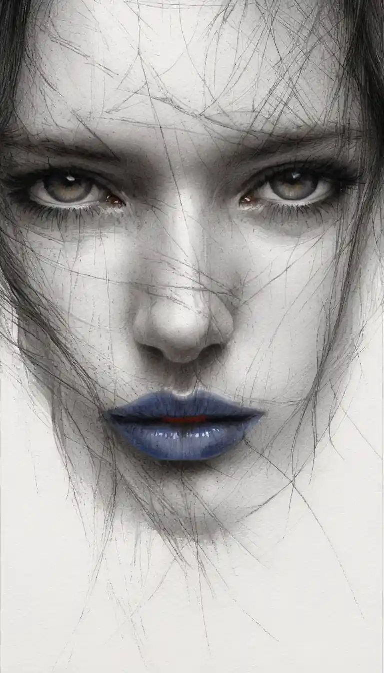 Selective color pencil portrait of a woman’s tilted face