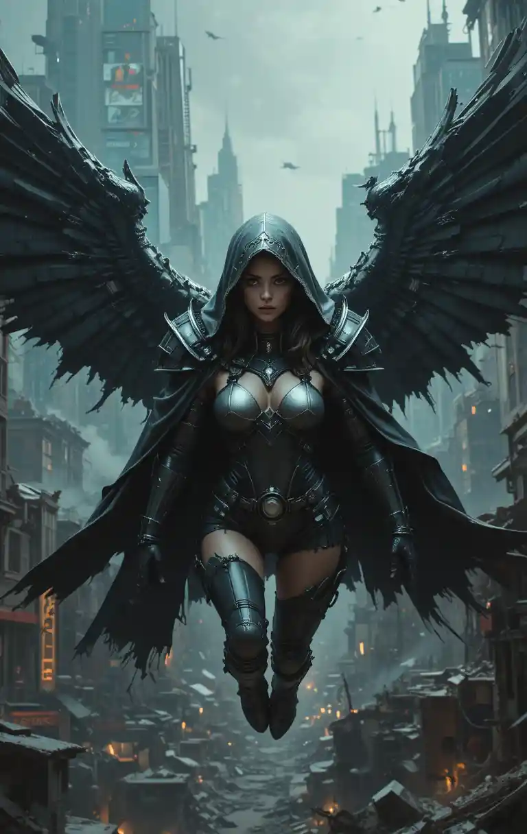 Armored winged warrior woman over ruined war torn city