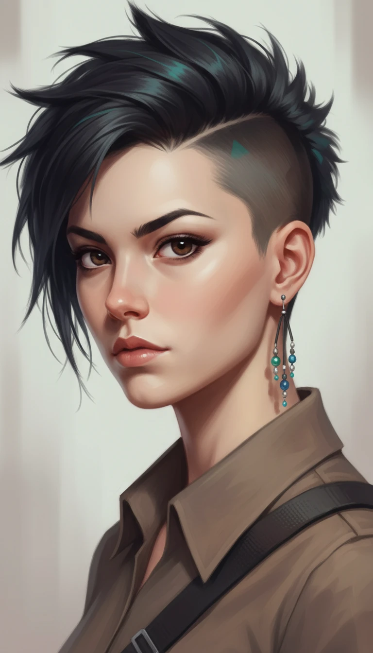 Ritratto intenso di ragazza con undercut turchese e orecchino di perline