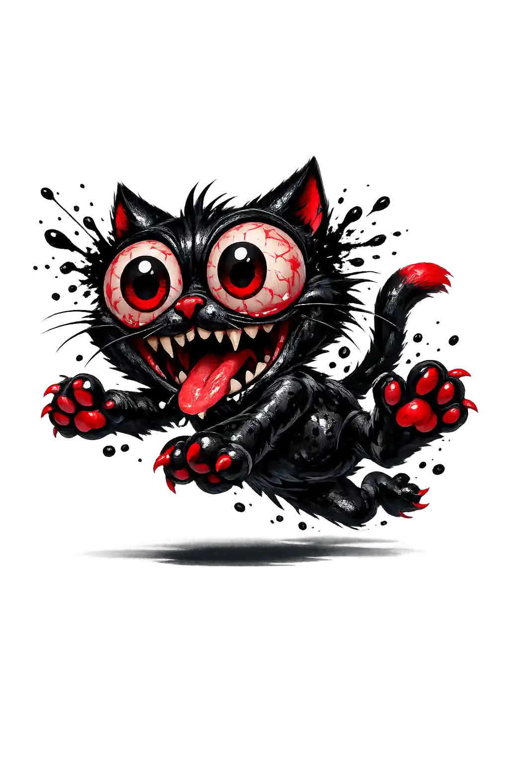 Manic cartoon cat with bulging bloodshot eyes and grin