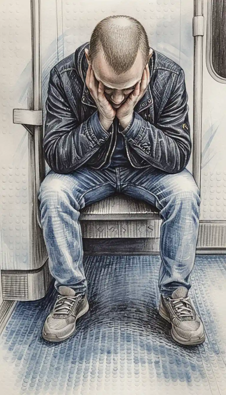 Mann auf Bank mit dem Gesicht in den Händen in Buntstift gezeichnet