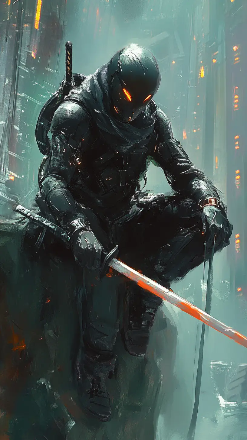 Futuristic samurai crouching on a mossy rocky ledge