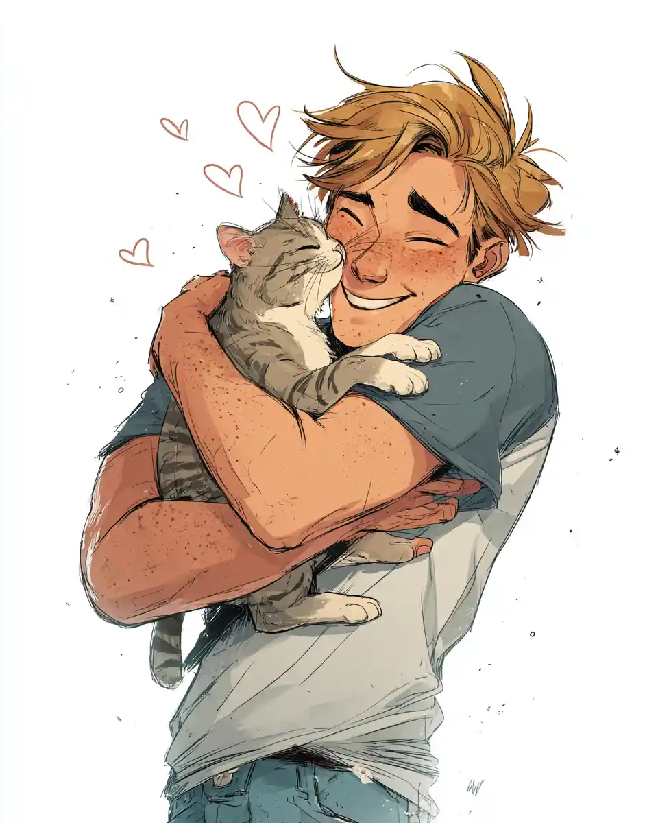 Joyful young man hugging a tabby cat illustration