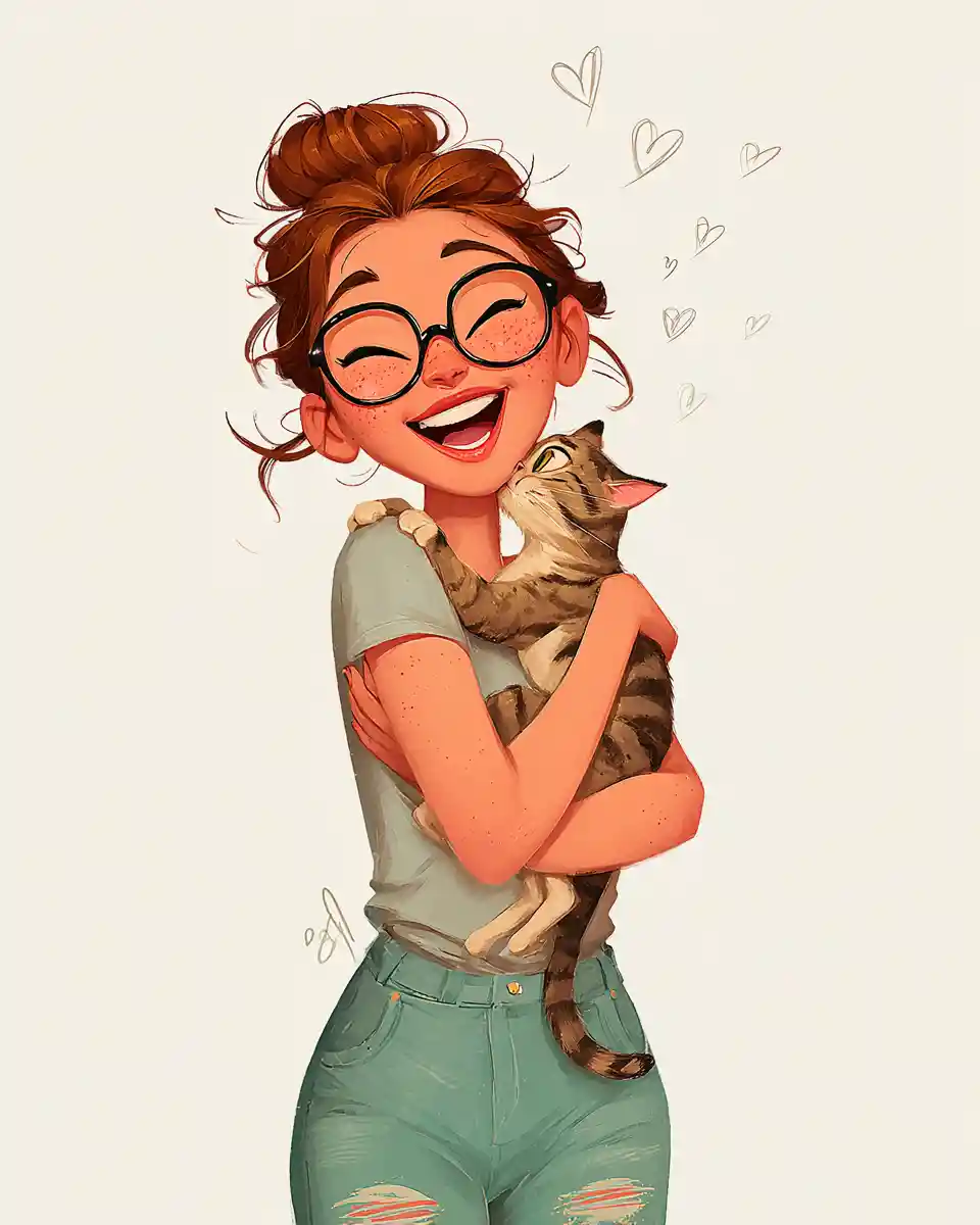 Ragazza felice che abbraccia un gatto tigrato con cuori disegnati