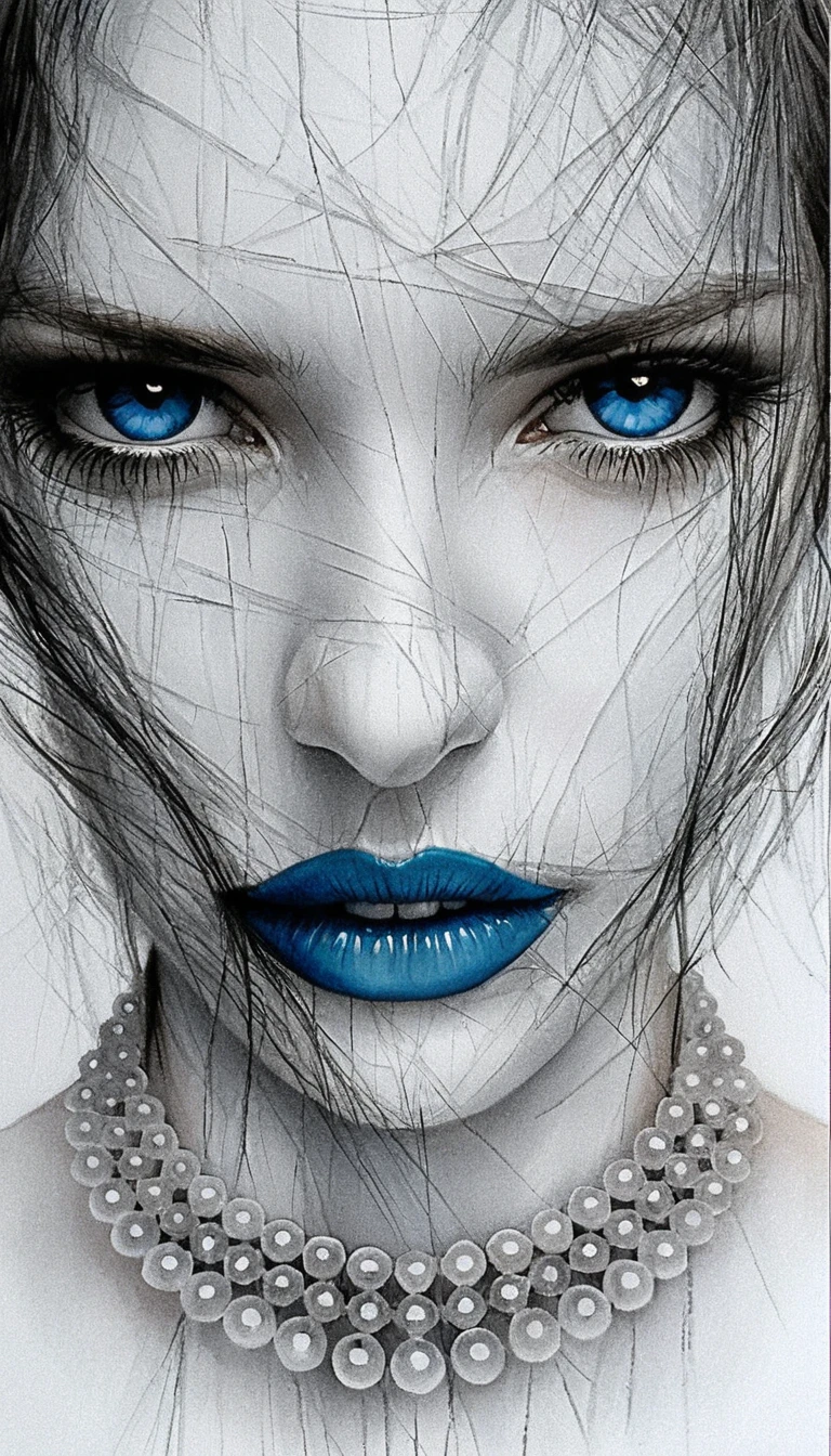 Pencil portrait of a woman with vivid blue eyes and red lips