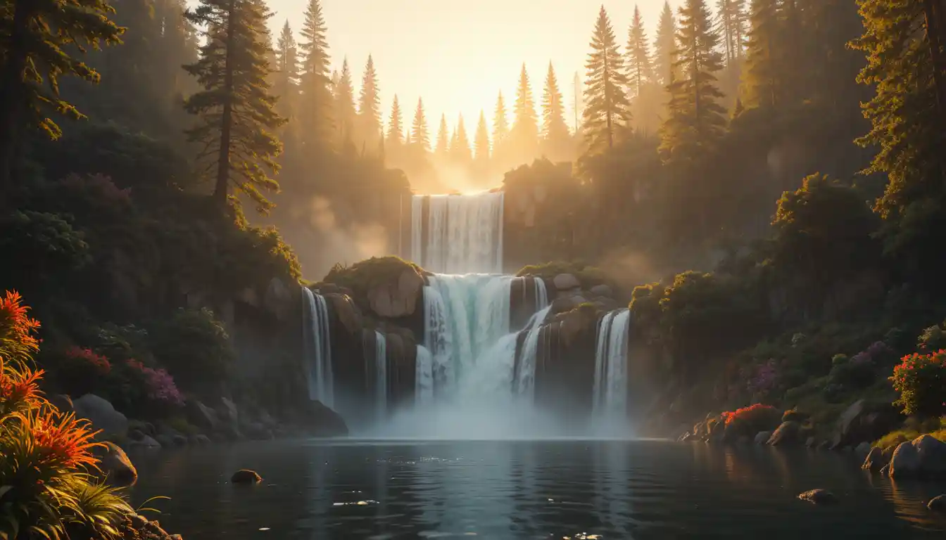 Filmischer Waldwasserfall mit ruhigem Spiegelbecken