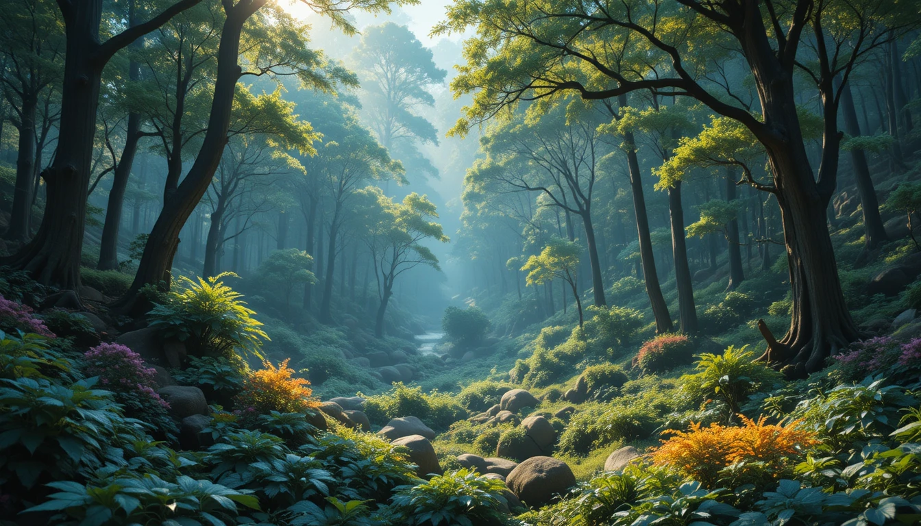 Stille Waldlandschaft in kinorealistischer, ultrarealistischer Detailtreue