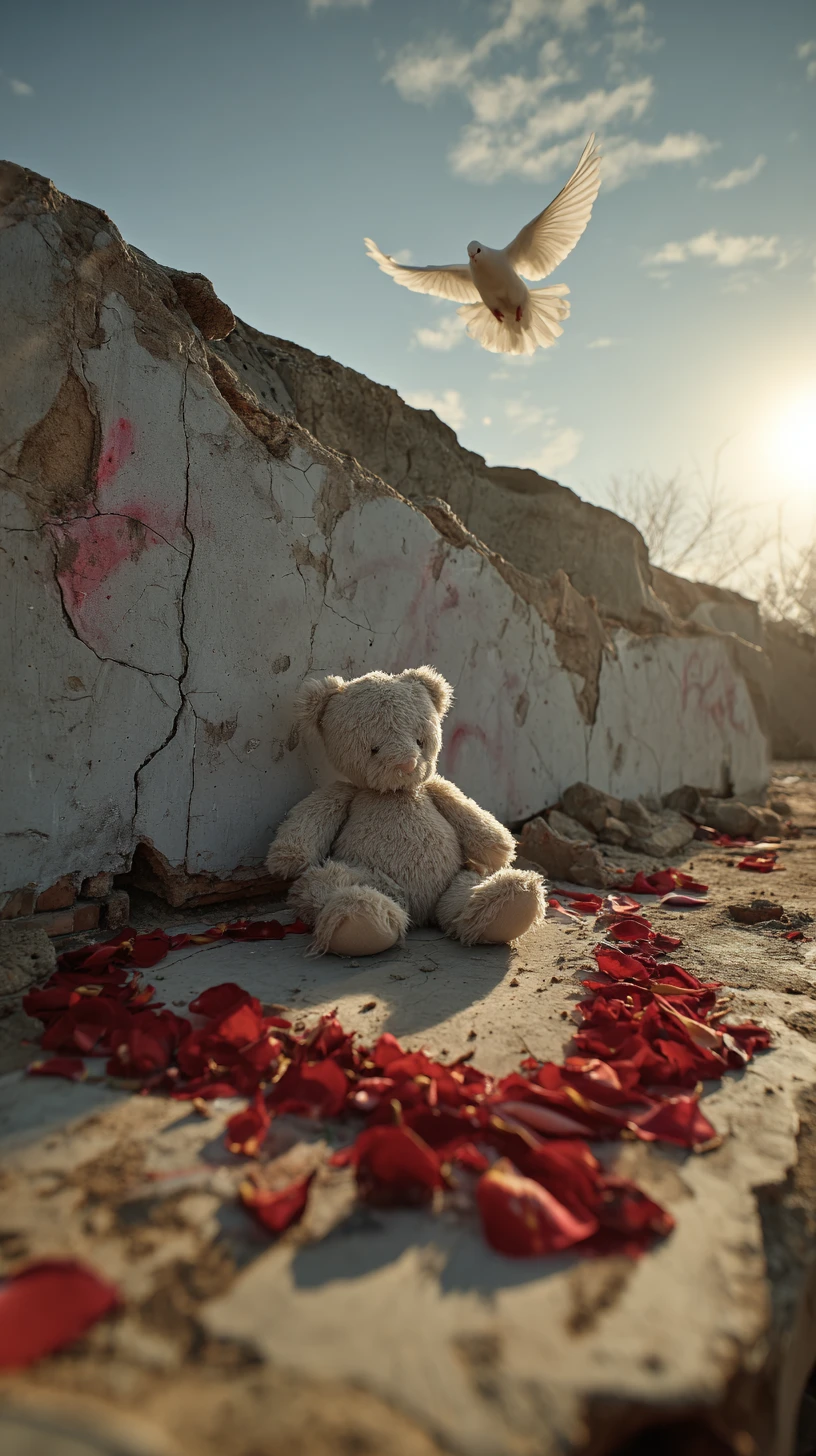Ourson en peluche dans des pétales de rose sous un mur de béton fissuré