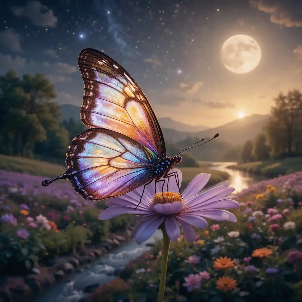 Butterfly On Purple Flower With Dreamlike Landscape Wings
