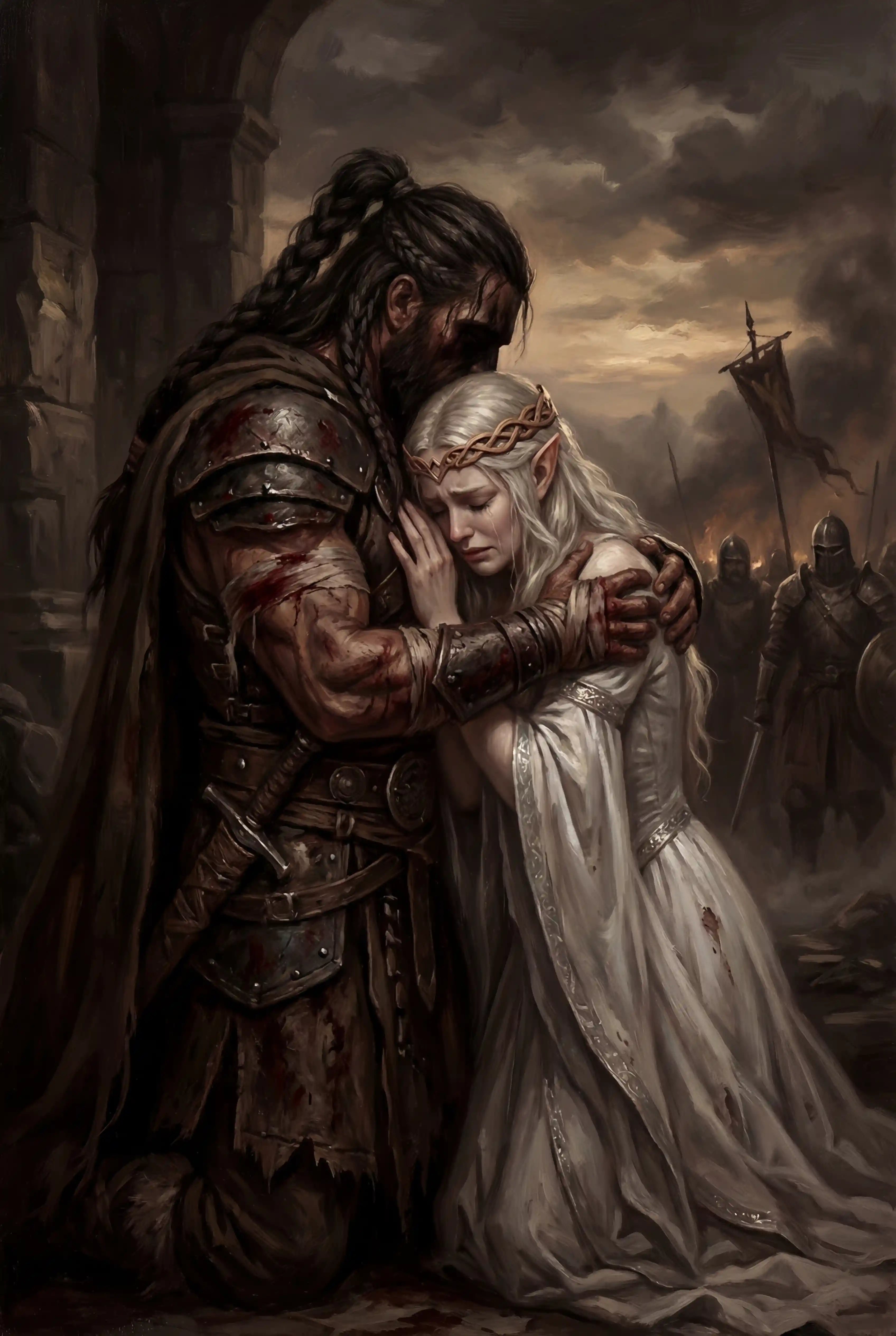 Elven princess weeping in the arms of a wounded barbarian