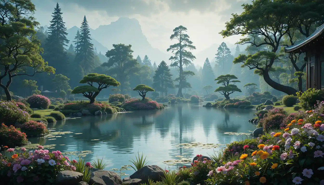 Cinematic view of a clear pond in a tranquil garden
