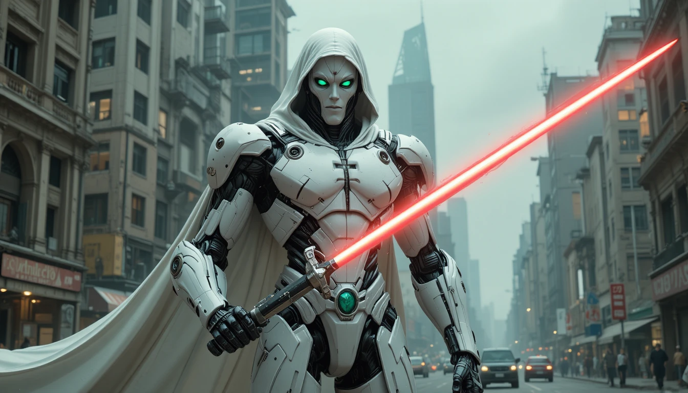 Templar inspired robot warrior with laser sword in ruins