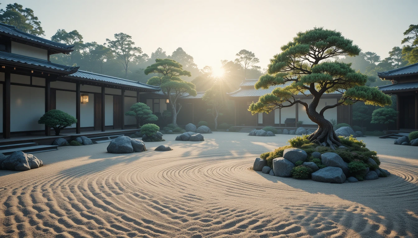 Giardino zen giapponese con bonsai nella soffice luce del mattino