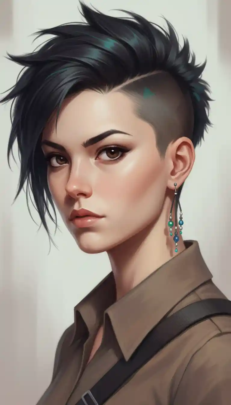 Intense girl portrait with teal undercut and beaded earring
