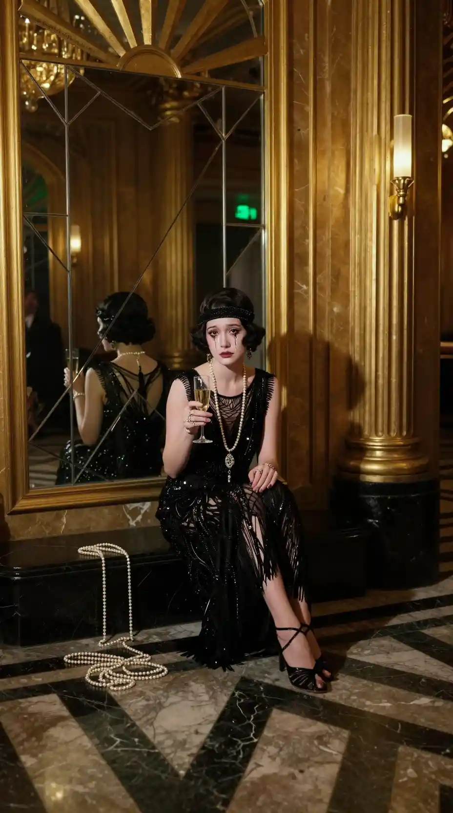 Elegant woman crying alone in a grand art deco ballroom