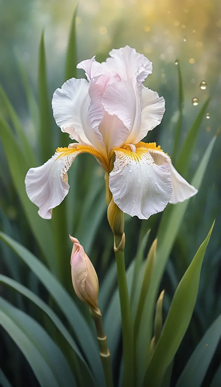 White iris with gold accents in soft watercolor morning light