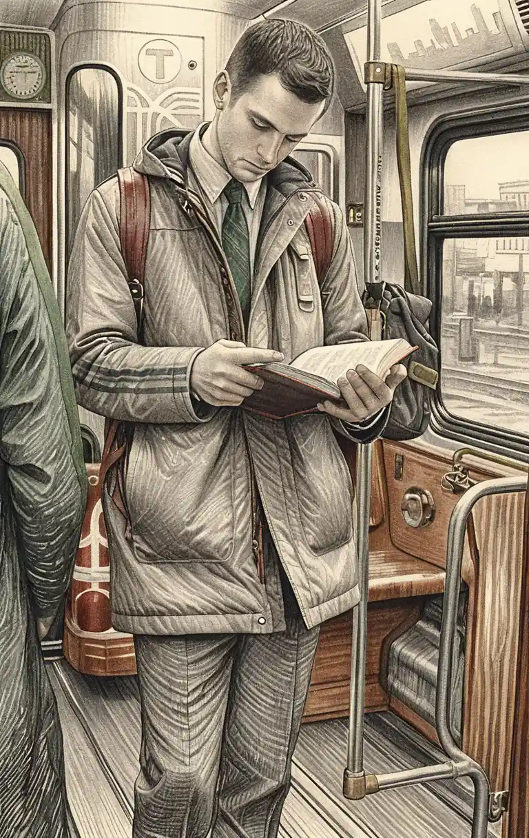 Giovane che legge in un vecchio treno della metropolitana di Boston