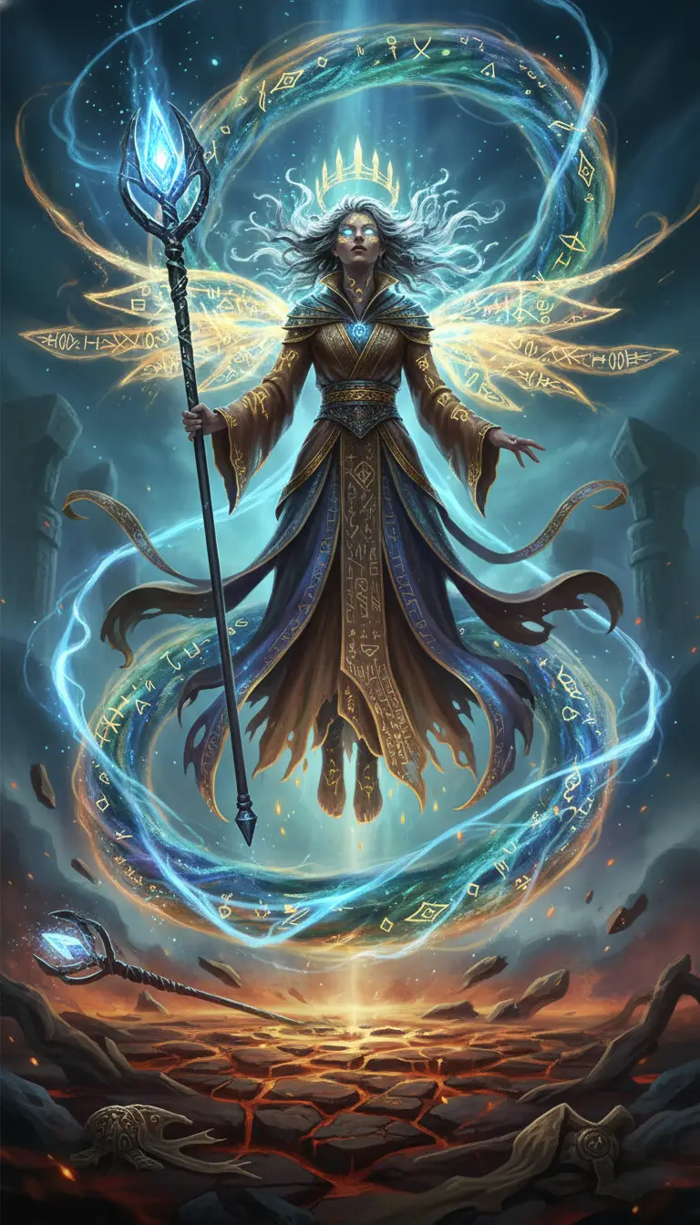 Mago fantasy che si trasforma tra vorticanti energie arcane