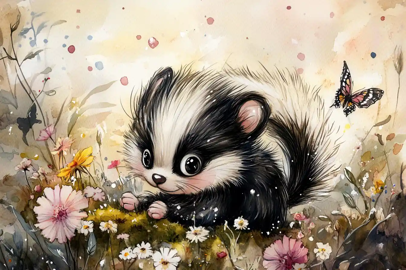 Chubby baby skunk in wildflower meadow watercolor scene