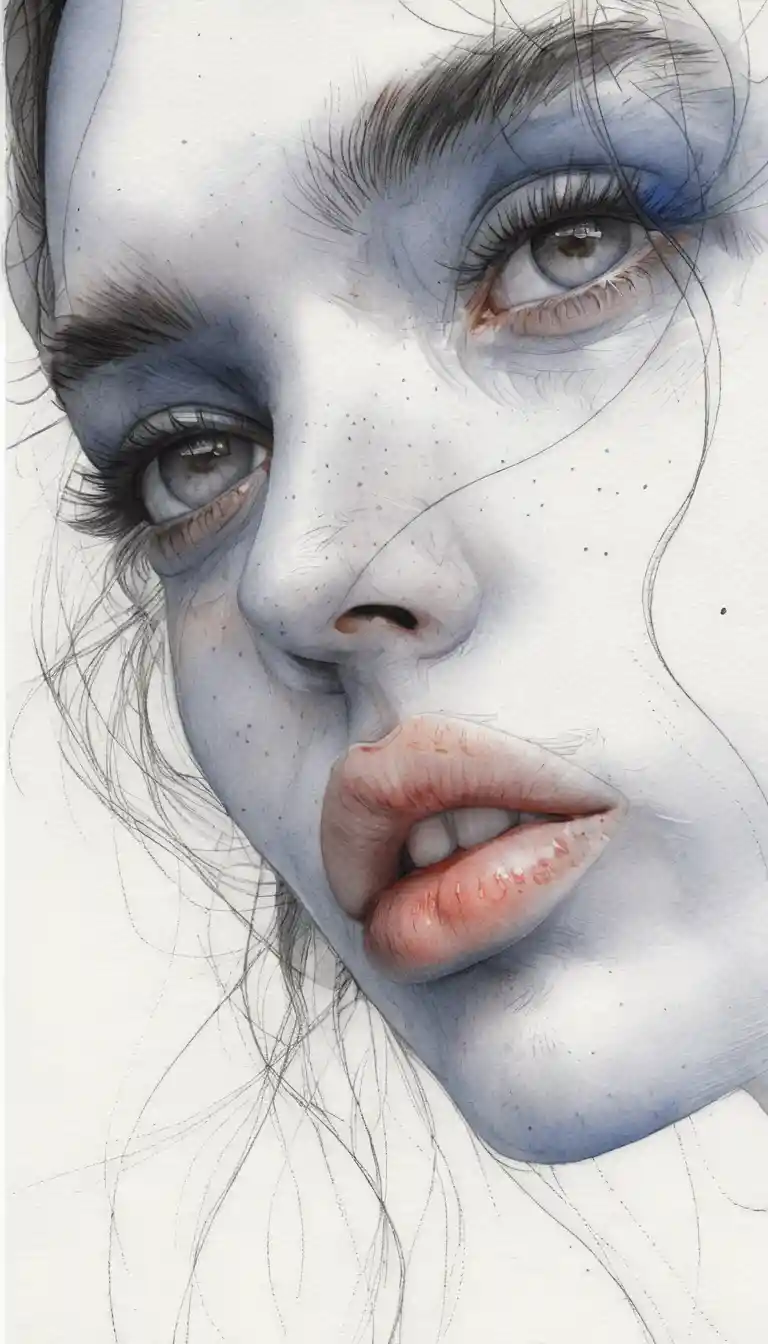 Selective color pencil portrait of a woman with vivid lips