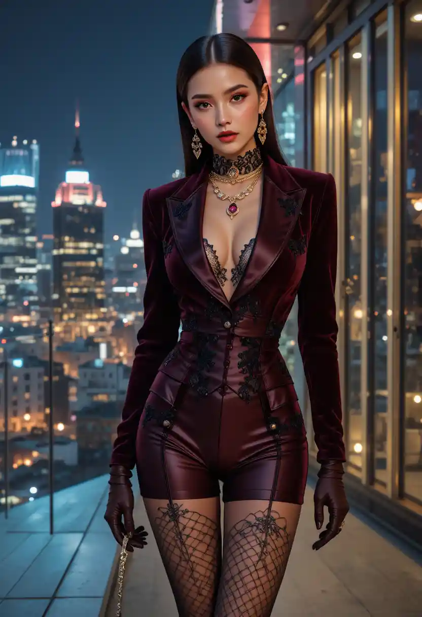 Elegante modella di moda su una terrazza sul tetto illuminata al neon