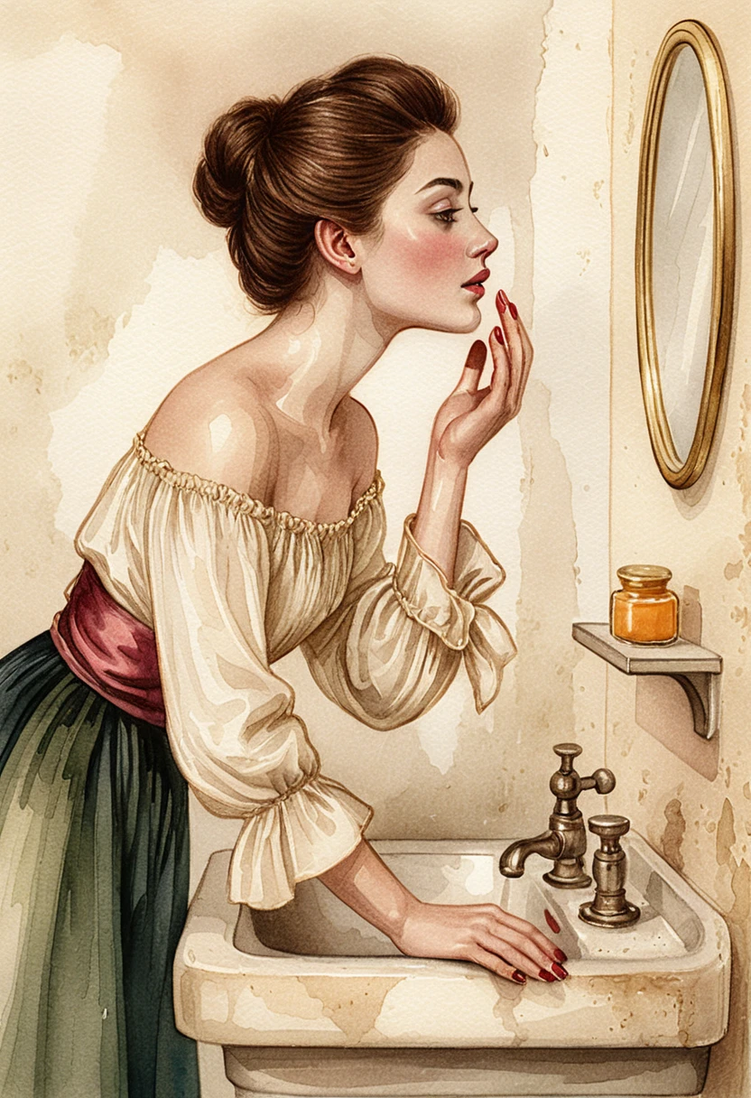 Donna al lavandino da bagno vintage in illustrazione a inchiostro e acquerello