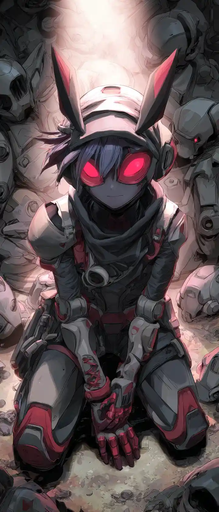 Masked enforcer kneeling in ruined android filled stadium