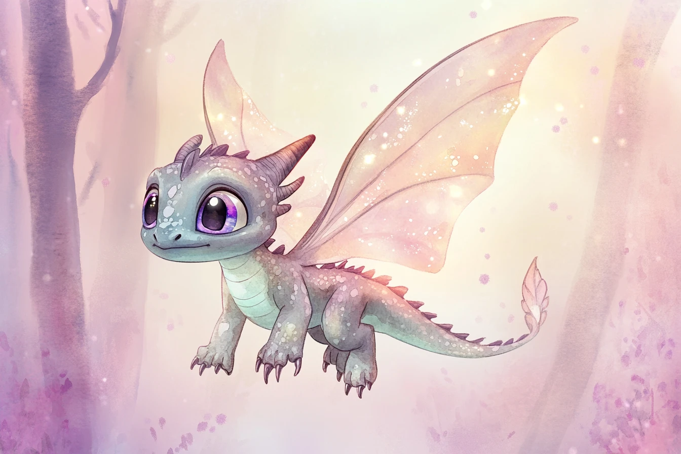 Whimsical baby fairy dragon in a pastel forest glade