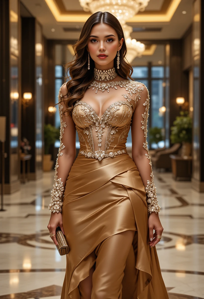 Mujer elegante de moda con alta costura dorada en el lobby de un hotel
