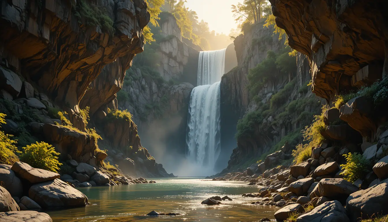 Tableau de cascade dorée dans une gorge rocheuse en forêt
