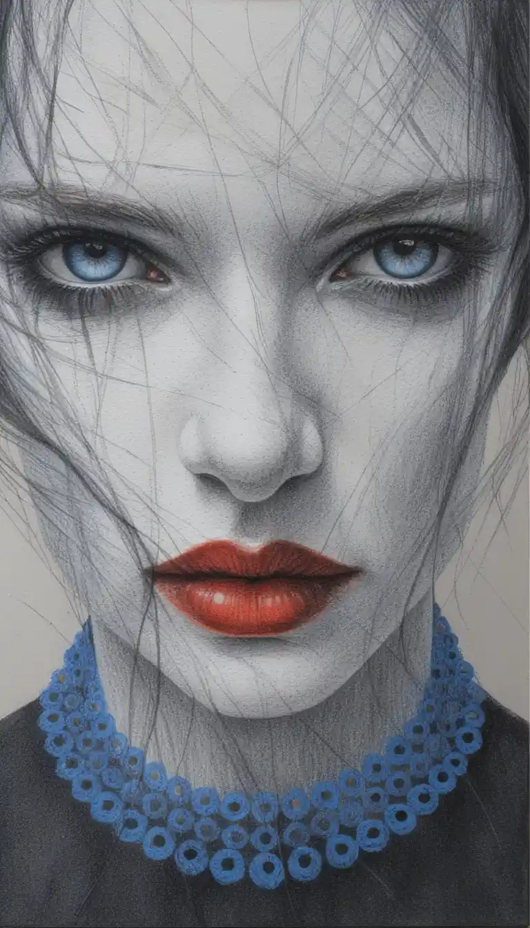 Minimalist pencil portrait of a woman with vivid blue eyes