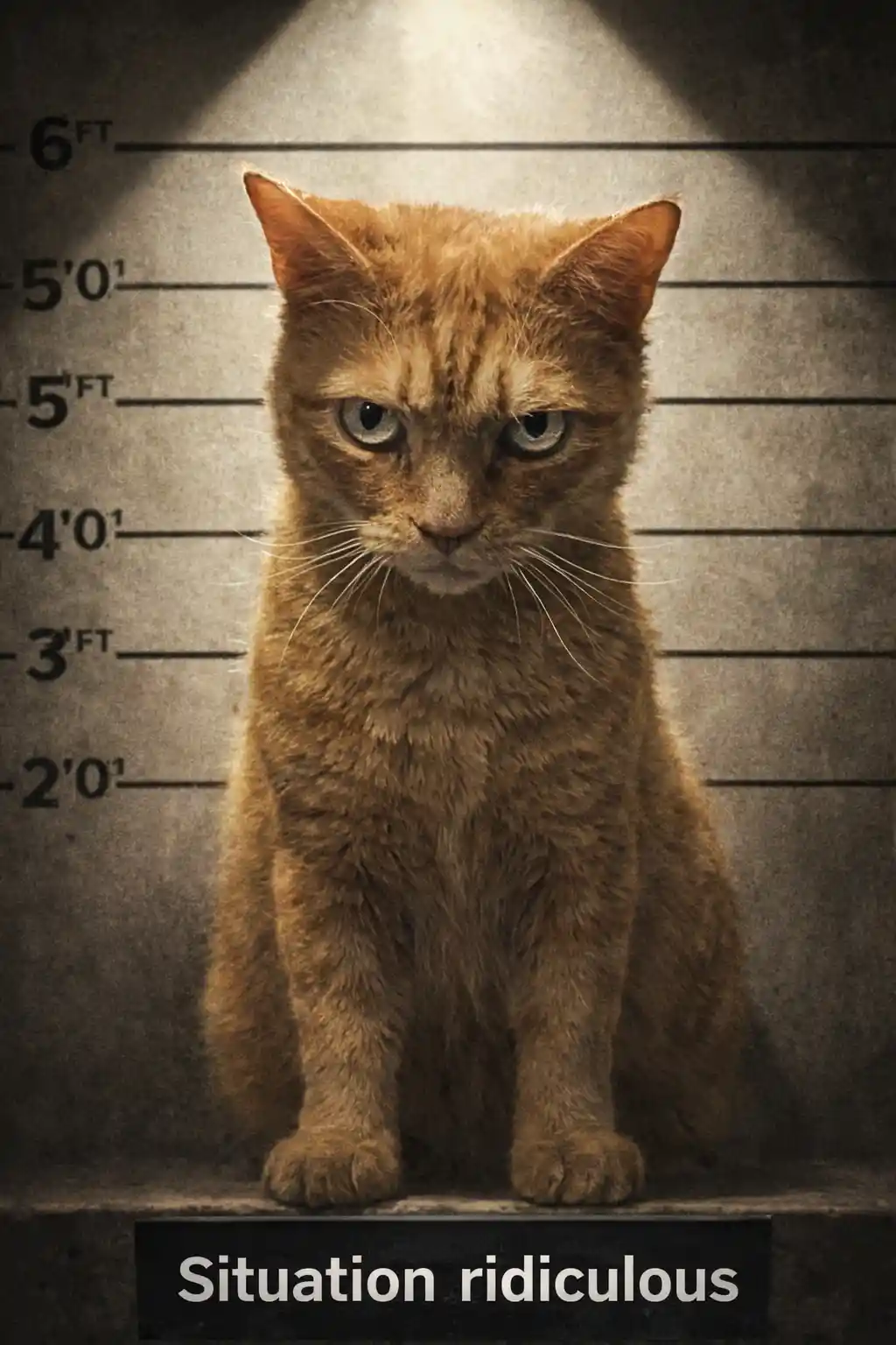 Mischievous cartoon cat mugshot with intense forward stare
