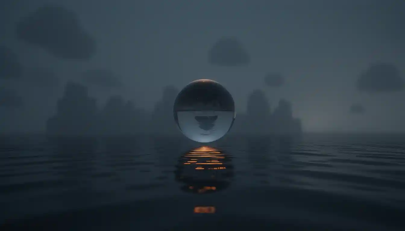 Leuchtende Sphäre über einer dunklen minimalistischen Spiegeloberfläche