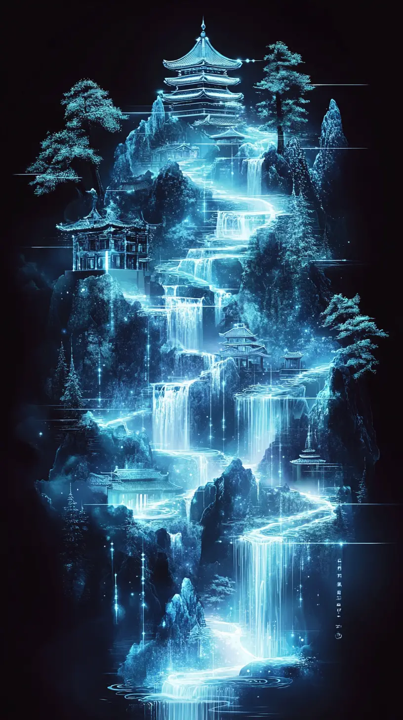 Pagodas de Montaña Brillantes que Surgen de un Pergamino de Cristal