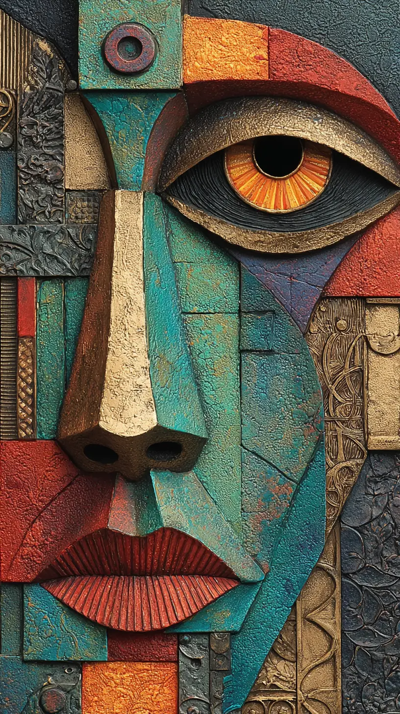 Abstract mixed media close up of sculpted human face