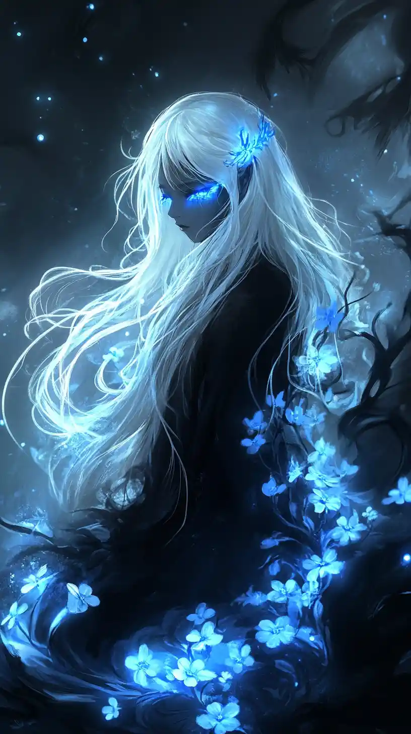 Ethereal ghostly woman with glowing blue eyes in void